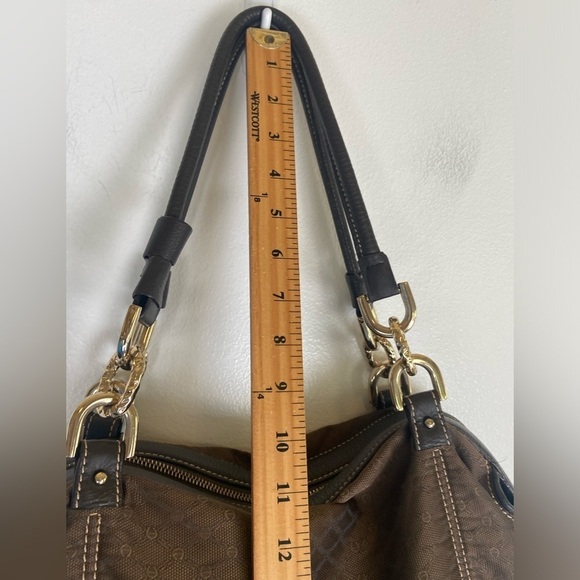 Etienne Aigner Shoulder Bag Brown Double Strap Fabric Leather Trim Gold Metal - Picture 6 of 9